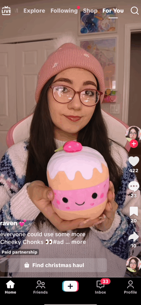 Screenshot of Gen Z influencer @froggycrossing on TikTok showcasing a trendy plush toy brand, with on-screen text and engagement metrics visible. The video features bright visuals and an authentic, playful tone that appeals to Gen Z audiences.
